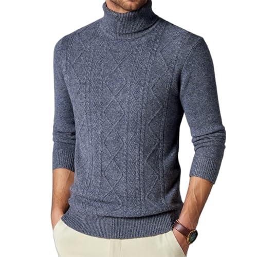 Men's 100% Wool Turtleneck Pullover Sweaters Long Sleeve Solid Twisted Cable Knit Sweater