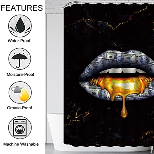 4 Pcs Marble Shower Curtain Sets, Naked Lip Us Dollars Black Gold Sexy Cool Funny Bathroom Decor, Rug Toilet Lid Cover And Non-Slip U Shape Mat, Waterproof Shower Curtain With 12 Hooks, 72 X 72 Inch #TOP4