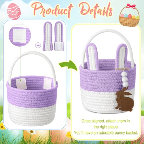 Image of SiliFine 4 Set Easter Baskets Easter Bunny Basket with Name Tag Rabbit Ear Easter Stuffer Basket Rustic Woven Round Storage for Kid Girl and Boy Gift Baby Shower Party Decoration Supplies