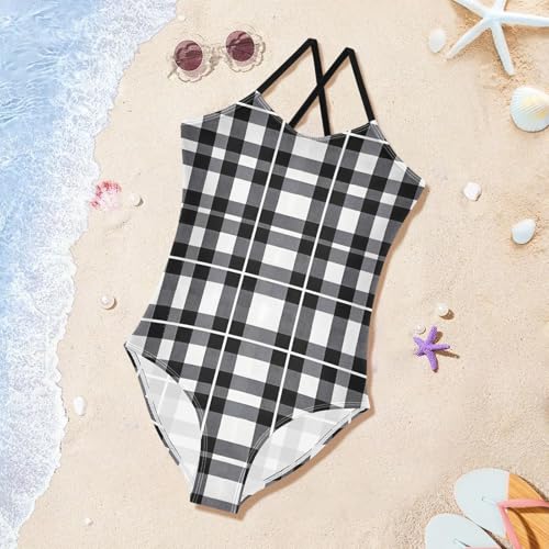 Black White Checked Pattern Girls One Piece Swimsuits Quick Dry Beach Swimwear Bathing Suit3