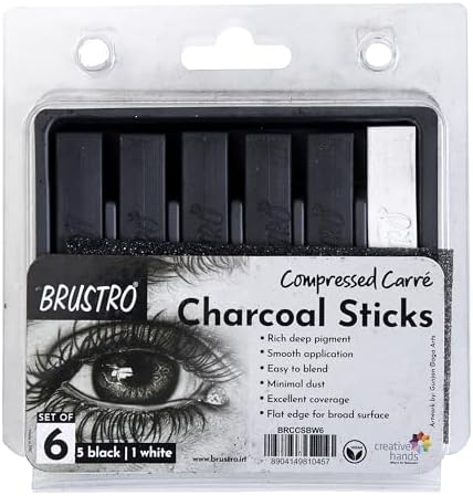 BRUSTRO Artist Compressed Carre Charcoal Sticks - Set of 6 (5 Black & 1 White Stick) | Ideal for Portrait Charcoal Art, Sketching, Shading, Blending, Drawing, Craft, Professional use.