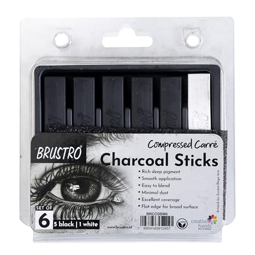Image of BRUSTRO Artist Compressed Carre Charcoal Sticks - Set of 6 (5 Black & 1 White Stick) | Ideal for Portrait Charcoal Art, Sketching, Shading, Blending, Drawing, Craft, Professional use.