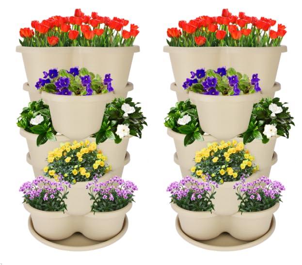 2-Pack Stackable Planter Pots, Vertical Garden Planter, 5 Tier Garden Tower, Herb Planter for Growing Vegetables and Succulents (White)