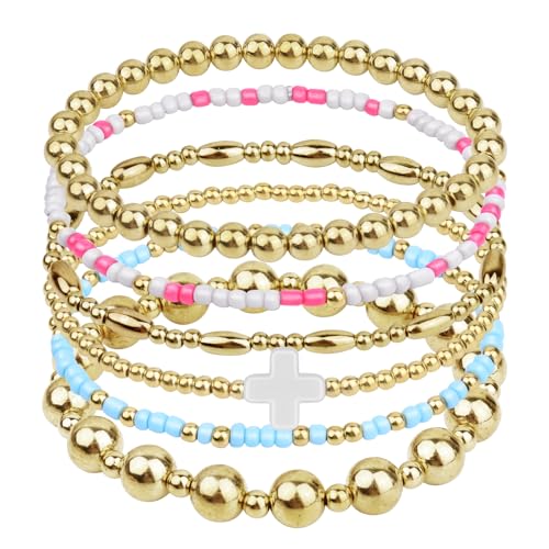 Gold Beaded Bracelets for Women: 14K Gold Bracelets for Women Trendy Dainty Gold Ball Bracelet Stack for Womens - Boho Stretch Bracelets Jewelry Sets with Cross Fashion Accessories Gifts for Women