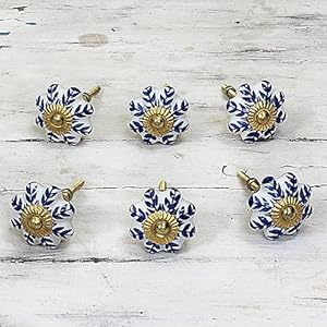 NOVICA Artisan Handmade Ceramic Cabinet Knobs Floral White Blue Set of 6 India Metal Decor Accessories Decorative Hardware Painted Garden Party Bohemian 31in H x 2in W x 12in D Screw Length 19in