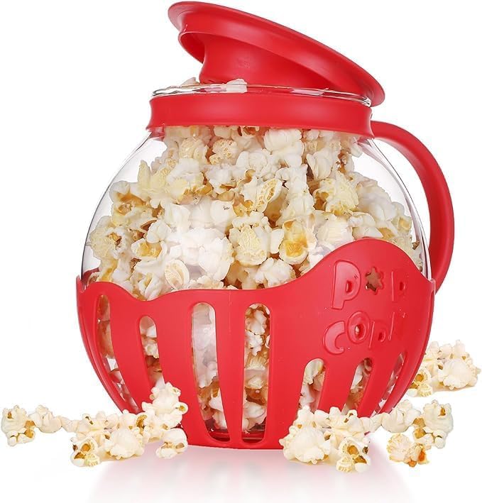 URBANMAC Patented Micro-Pop Microwave Popcorn Popper with Temperature Safe Glass, 3-in-1 Lid Measures Kernels and Melts Butter, Made Without BPA, Dishwasher Safe (RED)