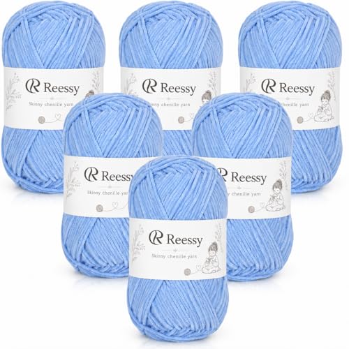 Image of Skinny Chenille Yarn for Crocheting - CYC #2 Fine Lightweight, Soft Baby Blanket Yarn for Beginners, 6 Pack 50g /158yd Each - No-Split for Crochet Toys & Small Projects(Light Blue)