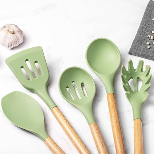 Kit 12 Utensílios De Cozinha Em Silicone E Cabo De Madeira LUMAI (Verde)