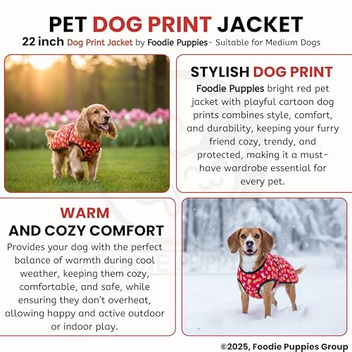 Image of Foodie Puppies Dog Winter Jacket - (Dog Printed, 22 Inch) for Medium Dogs | Ultra Warm Waterproof & Windproof Coat | Adjustable Velcro Closure, Washable Vest for Cold Weather, Indoor & Outdoor Use