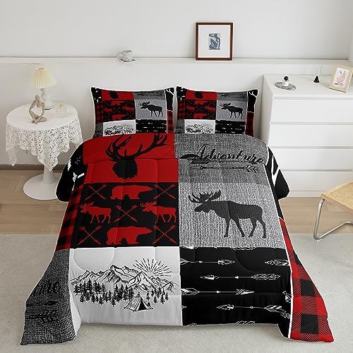 Erosebridal Elk Deer Comforter Set Twin Size, Rustic Camping Quilted Duvet for Kids Boys Teens Adult Wildlife Moose Animal Bedding Set Farmhouse Camper Duvet Sets 2 Pieces with 1 Pillow Case