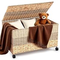Cinnvoice 42.3 Gallon(160L) 30×17.7×18 in Wicker Storage Trunk with Wheels & Lid Heavy Duty Rolling Wicker Storage Bench Large Toy Chest Water Hyacinth Woven Blanket Bin for Bedroom, Laundry Room