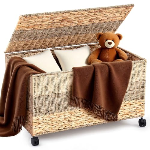 Cinnvoice Baule in vimini da 160 l, con ruote e coperchio, in giacinto d'acqua intrecciato, resistente, per camera da letto, lavanderia