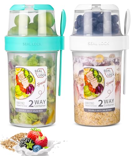 SinLaw Portátil Taza de Cereales 310+560 ml, Diseño de doble sello,2 en 1 Vasos yogurtera,Puede ser reutilizado,Vaso Cereales para Llevar (White+Green(310ml+760ml)