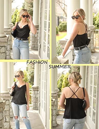 Ekouaer Silk Camisole Tops For Women Cowl Neck Camis Satin Tank Top Soft Spaghetti Strap Sleeveless Loose Blouse A-Black #TOP5