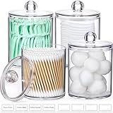 4 Pack Acrylic Qtip Holder Dispenser for Cotton Swabs, Balls, Pads, Floss Picks- Small Clear Acrylic Canister Apothecary Jar Set, Bathroom Essentials Accessories Decor, Vanity Makeup Storage Organizer