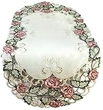 Doily Boutique Table Runner Embroidered with Victorian Pink Roses on Ivory Material, Size 34 x 14 inches