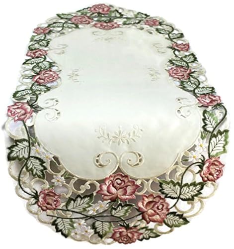 Doily Boutique Table Runner Embroidered with Victorian Pink Roses on