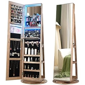 Vlsrka LED Light Jewelry Cabinet with Full Length Mirror 360° Swivel, Large Jewelry Organizer Armoire Lockable Free Standing Mirror with Jewelry Storage, Inside Makeup Mirror, Foldable Makeup Shelf