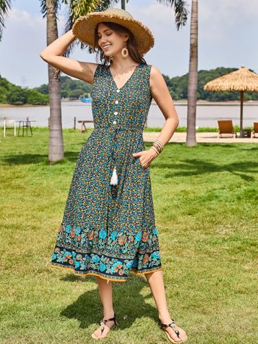 Image of BROVAVE Women Summer Bohemian Floral Print V Neck Sleeveless Sundress Flowy Casual Midi Dress