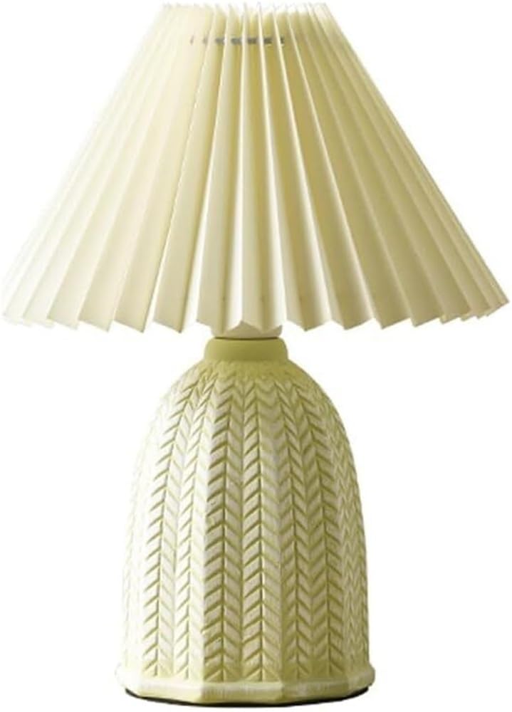 LYOUAE Nordic Green Ceramic Table Lamp French Romance Small Nightstand End Desk Light with Cloth Pleated Shade(White)