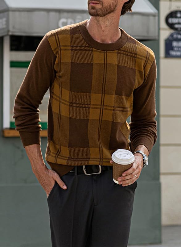 Vista 5 de JMIERR Suéter de cuello redondo a cuadros para hombre, suéteres suaves y casuales
