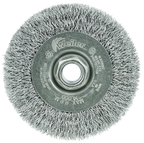 Image of Weiler 13081 4 inch Narrow Face Crimped Wire Wheel, .014 inch Steel Fill, 5 /8 inch-11 UNC Nut, Made in The USA (Pack of 5)