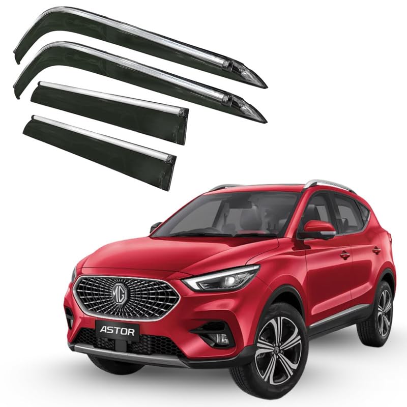Image of CAR SAAZ Side Door Visors for MG Astor (2021-2025)(Set of 4Pcs) | Chrome Lined Rain Guards, Polycarbonate, Smoke Finish