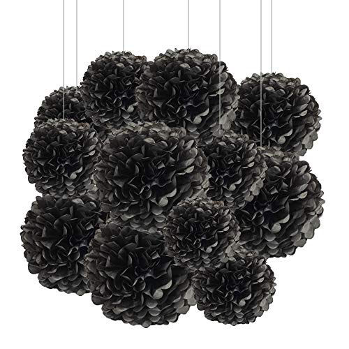 Image of 12pcs Black Paper Pom Poms Decorations for Party Ceiling Wall Hanging Tissue Flowers Decorations - 1 Color of 12 Inch, 10 Inch
