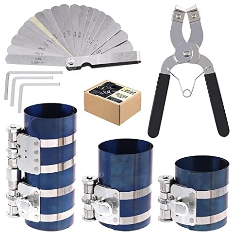 Mardatt 8 Pcs 3 Inch 4 Inch 6 Inch Piston Ring Compressor Tool Set with Piston Ring Pliers and Stainless Steel Feeler Gauge, Car Engine Piston Ring Compressor Tool for GML8