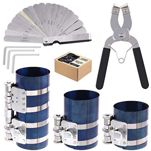 Mardatt 8 Pcs 3 Inch 4 Inch 6 Inch Piston Ring Compressor Tool Set with Piston Ring Pliers and Stainless Steel Feeler Gauge, Car Engine Piston Ring Compressor Tool for GML8