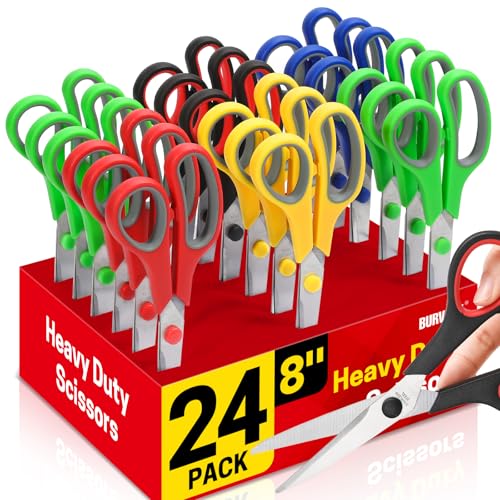 BURVAGY 24-Pack 8 All Purpose Heavy Duty Sharp Scissors Bulk for Office School Home Stainless Steel Blades Safety Soft Grip Handles Right/Left Handed Scissors