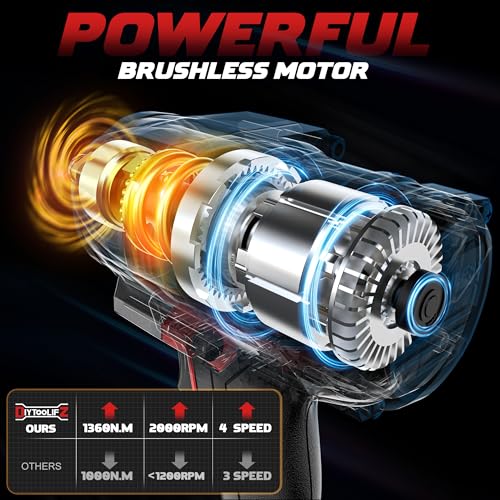 Image of DIYtoolifz Cordless Impact Wrench 1 /2 inch Compatible with Milwaukee 18V Battery, 1000Ft-lbs(1360N.m) High Torque Impact Driver, Electric Impact Gun with 4-Mode Speed, LED Work Light for Car(Bare Tool)
