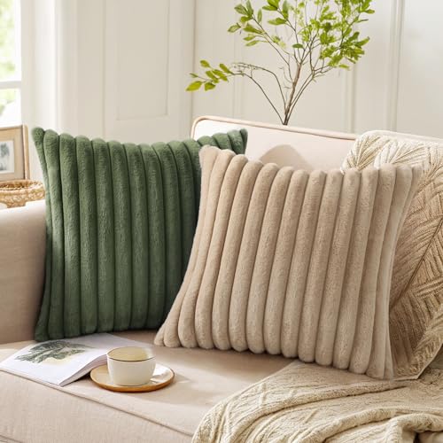 Image of Pallene Faux Fur Plush Throw Pillow Covers 22x22 Set of 2, Luxury Soft Fluffy Striped Decorative Pillow Covers for Sofa, Couch, Living Room, Olive Green
