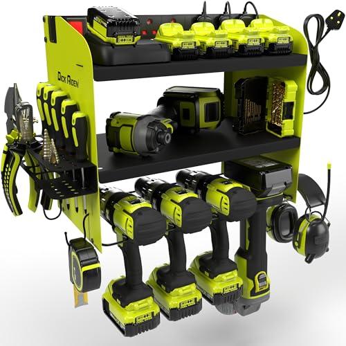 Toolganize Power Tool Organiser, Storage Rack with Power Strip Charging Station, Heavy-Duty for Workshop & Garage Tools - 4 Slot, Ryobi Acid Green.