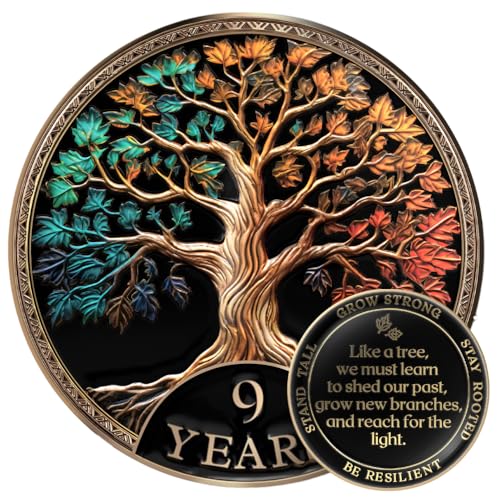 Image of MilestoneMint 9 Year Sobriety Coin Tree of Life Gift Set | Anniversary Sobriety Gifts for Men & Women | AA Coins and Medallions with Token Capsule, Stand & Card | 3D Texture, Recovery AA Chips