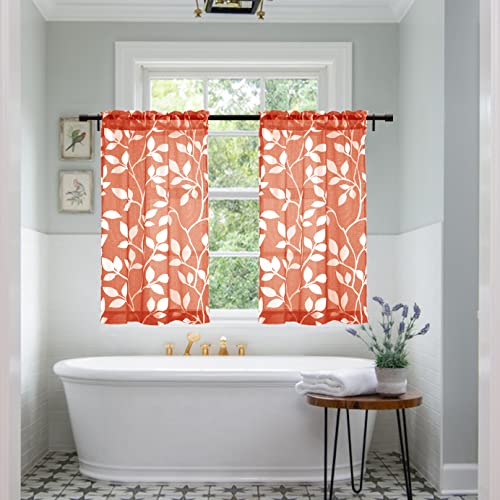 Image of XTMYI Curtains 36 Inch Length for Kitchen Window Set of 2 Panels,Short Sheer Cafe White Leaf Print Pattern Design Small Curtain for Bathroom,Rust Burnt Orange