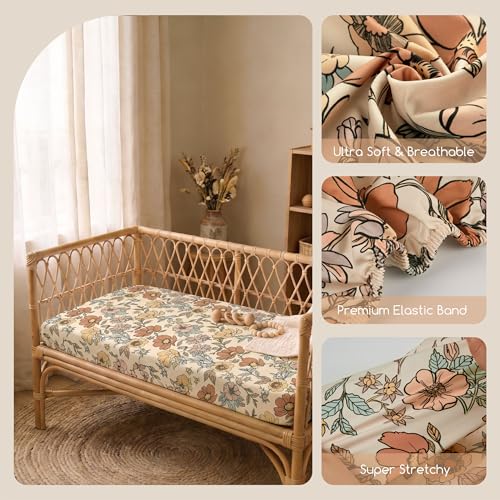 Image of Baby Bassinet Sheets 33x20 for Newton,Airclub,Maxi Cosi,Angelbliss,Dream on Me,Mika,Harppa,Amke,ezebaby Rectangle Bassinet Mattress - Retro Floral 3 Pack Girl
