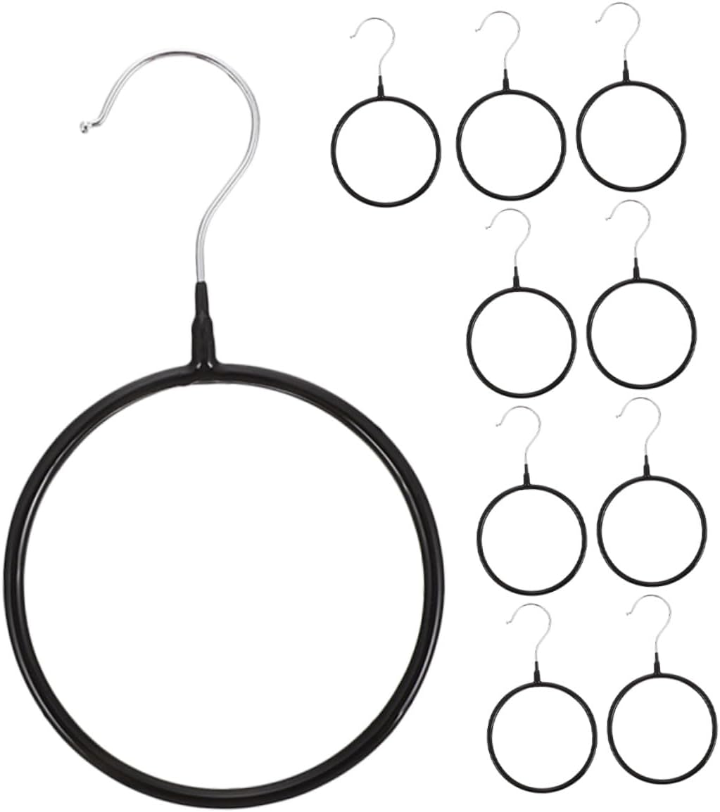 GARVALON 10pcs Heavy-Duty Black Scarf Ring Hangers Iron Scarf Organizer for Closet Storage Multi-Functional and Belt Holder Rack for Home Wardrobe