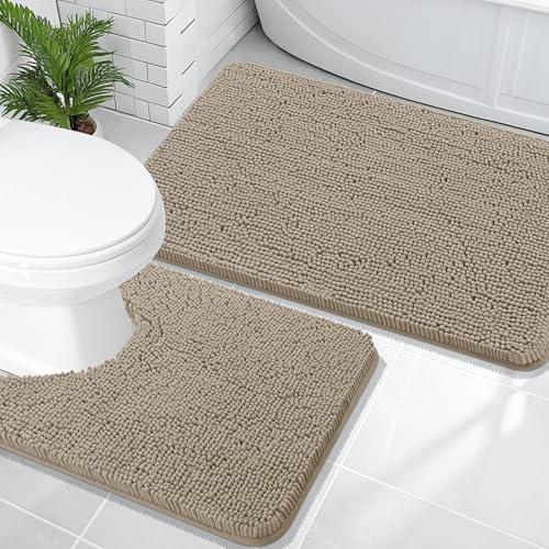 Image of OLANLY Bathroom Rugs Sets 2 Piece, Soft Absorbent Chenille Bath Mats and U-Shaped Contour Toilet Mat Area Rug Set, Machine Washable Bath Carpet, Home Decor Accessories(36 inchx24 inch+24 inchx20 inch, Warm Taupe)