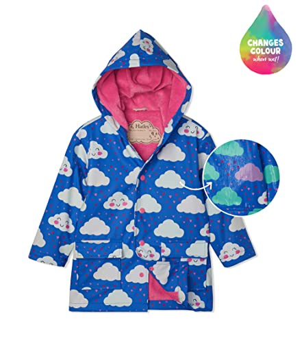 Hatley Jaqueta de chuva estampada com botões que mudam de cor para meninas, Nuvens alegres, 8 Anos