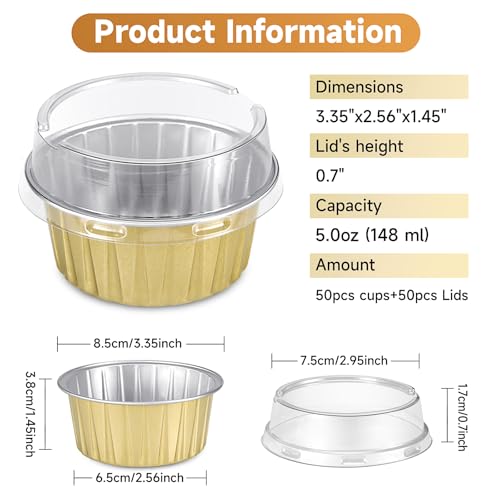 Eoonfirst 50pcs Mini Disposable Foil Ramekins with Lids 5oz, Aluminum Foil Round Cupcake Liners Muffin Cups, Baking Cups Muffin Pans (Gold) by Eoonfirst - Image 2
