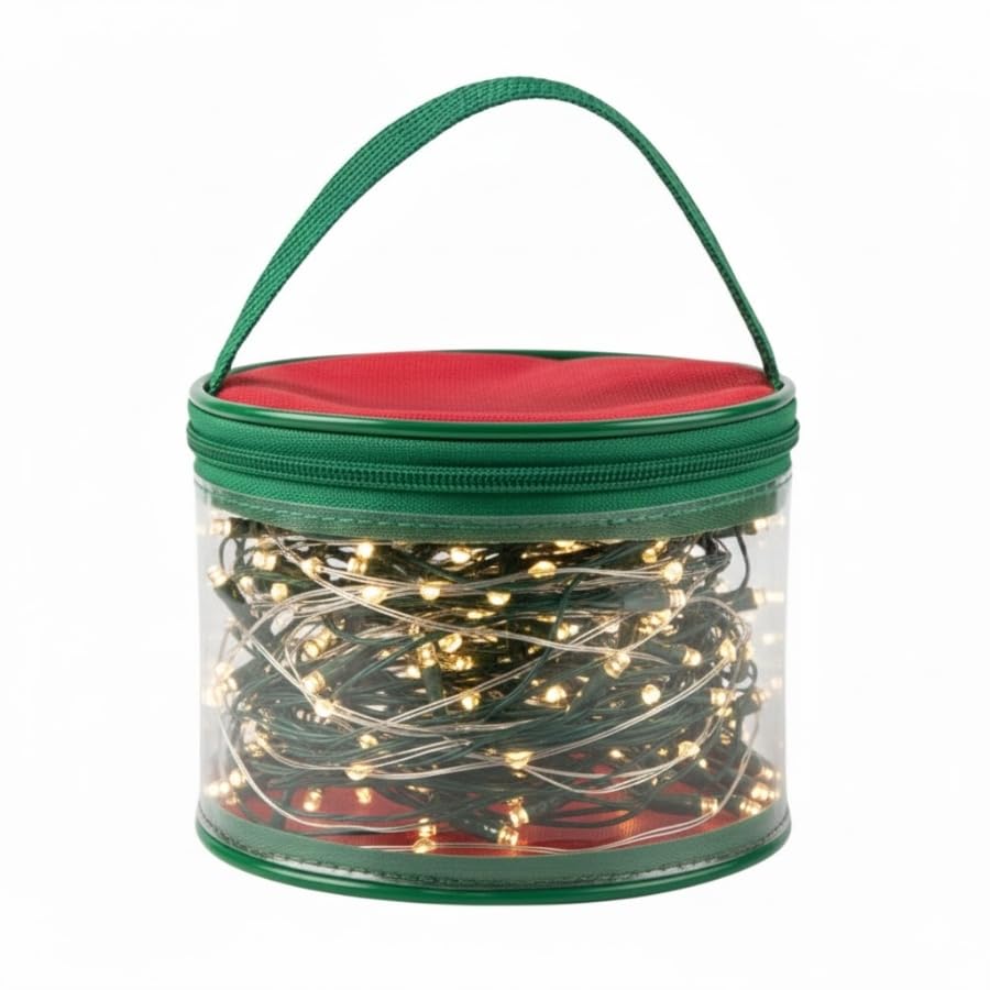 Mini Bolsa Organizadora para Pisca-Pisca de Natal, Transparente com Zíper Verde e Alça, 13,5x10 cm