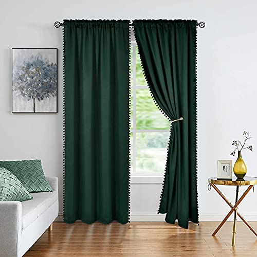 Green Pom Pom Blackout Curtains For Bedroom 84 Inch 2 Panels Thermal Insulated Room Darkening Blackout Curtain Panels Rod/Pole Pocket Window Drapes For Living Room Nursery (52 X 84 Inch, Green) #TOP1