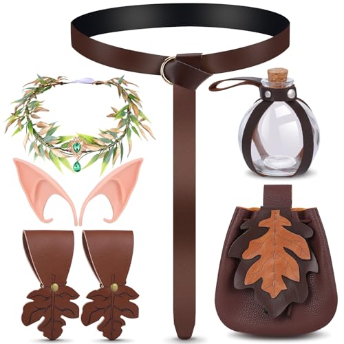 Renaissance Faire Accessories Women-Ren Faire Costume-Renaissance Belt Elf Ears Medieval Belt Pouch Potion Bottles Brown