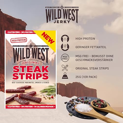Wild West Steak Strips, 25g Original Rindfleisch, Beef Jerky high Protein Trockenfleisch, Protein Snack