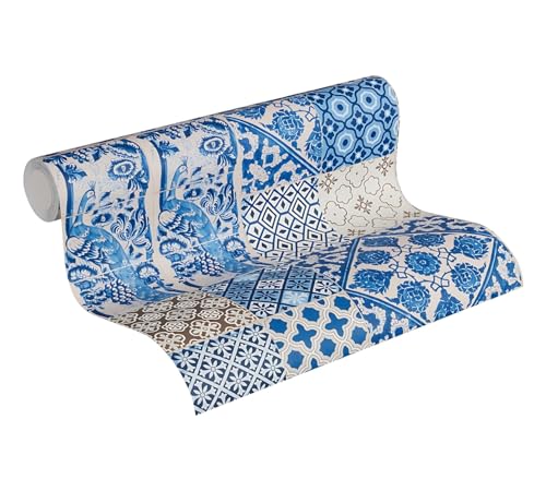 Papel pintado aspecto azulejos Profhome textura resistente azul blanco 5,33m2 3