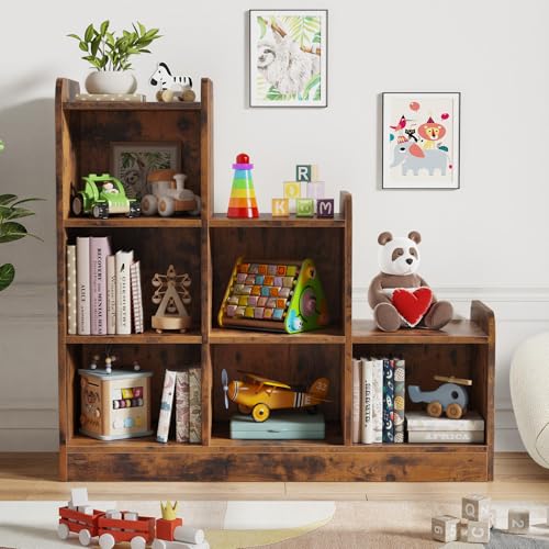 Image of Derfullo Book Shelf, 6-Cube Toy Organizers and Storage, Small Open Floor Montessori Bookcase for Kids Room, Bedroom and Playroom, 35.4" W x 11.8" D x 31.5" H, Brown