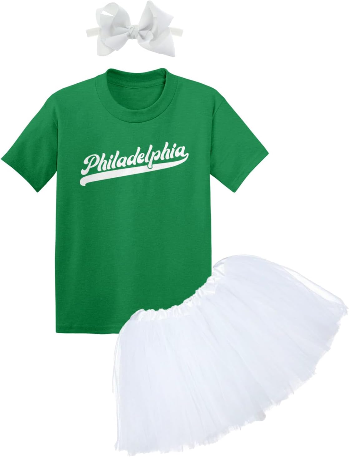 Philadelphia - Baseball Jersey Style Script Baby Bodysuit + Tutu Skirt + Bow Headband Set