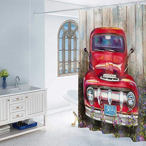 Red Retro Style Car Shower Curtains, Rustic Pickup Truck On Vintage Farm House Decor, Polyester Fabric Waterproof Bathroom Curtains Home Decor For Bathroom, Bath Curtain Hooks 70X72 Inches Yllhte19 #TOP2