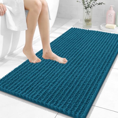 Image of OLANLY Bathroom Rug Mat 44x24, Thick Soft and Absorbent Chenille Bath Mat, Non-Slip Rubber Backing, Machine Washable Quick Dry Bath Rugs for Tub Shower Floor, Home Decor Accessories, Peacock Blue